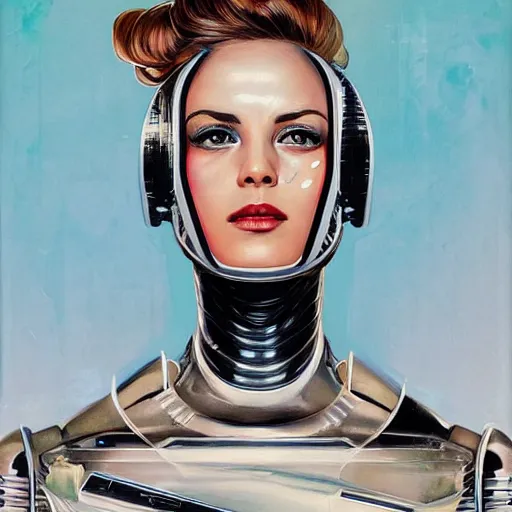 Prompt: portrait of a female android, by Sandra Chevrier and Joseph Christian Leyendecker