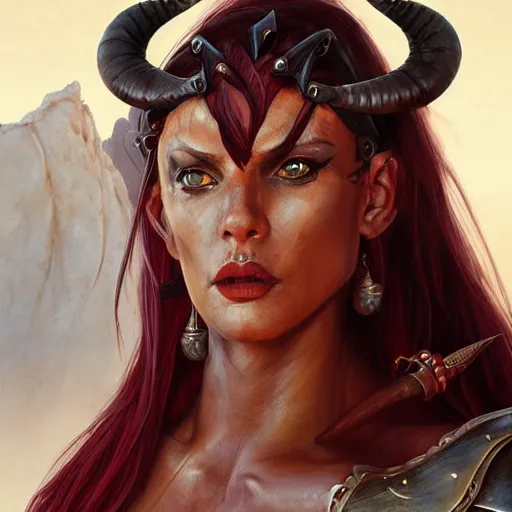 Prompt: portrait of a female berber tiefling barbarian, red skin, long horns, black ponytail, steel armor, greatsword, in a desert, strong, fierce, elegant, fantasy, highly detailed, digital painting, artstation, concept art, character art, art by greg rutkowski and tyler jacobson and alphonse mucha