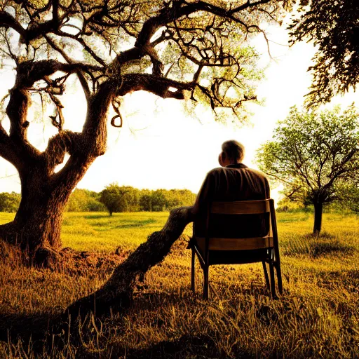 Image similar to 8k photograph. old man sitting under an oak tree he planted as a child. National Geographic. Sunset. Nature.