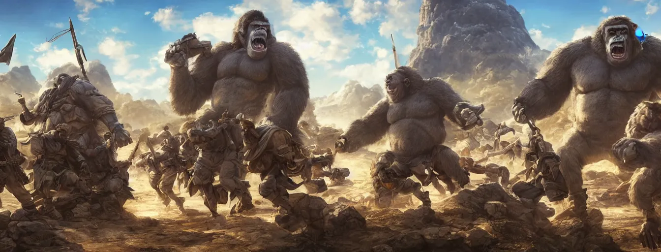 Prompt: calvary soldiers charging at a giant gorilla throwing rocks. hyperrealistic anime background illustration by kim jung gi, colorful, extremely detailed faces, intricate linework, smooth, super sharp focus, bright colors, high contrast, matte, octopath traveler, unreal engine 5 highly rendered, global illumination, radiant light