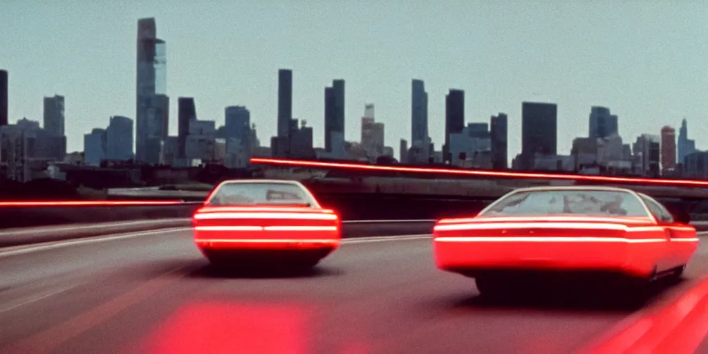 Image similar to 8 0 s neon movie still, high speed car chase on the highway with city in background, medium format color photography, 8 k resolution, movie directed by kar wai wong, hyperrealistic, photorealistic, high definition, highly detailed, tehnicolor, anamorphic lens, award - winning photography, masterpiece