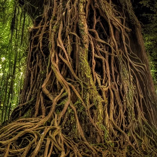 Prompt: the dark tower in the forest at night, highly detailed, gnarly roots