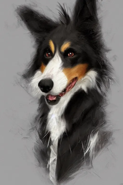 Prompt: portrait of a cute male anthropomorphic border collie fursona wearing a suit. by henry asencio, jon foster, and ross tran. highly detailed, concept art, furry, glamor pose, elegant, aesthetic, beautiful, trending on artstation