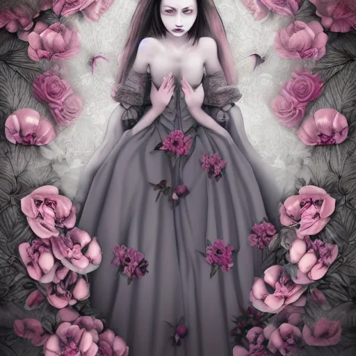 Prompt: renaissance, realistic, portrait of a creepy young lady pink cheeks wearing renaissance manga dress pale grey and white flowers skulls, background chaotic flowers