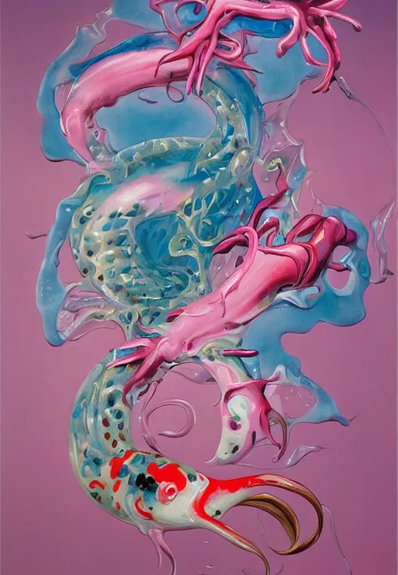 Image similar to a biomorphic painting of a koi, flower, surrealist painting by krenz cushart and dorothea tanning, pastel blues and pinks, melting, plastic, featured on artstation, tentacles, pink bees, metaphysical painting, oil on canvas, fluid acrylic pour art, airbrush art, concept art hyper realistic, rococo, lovecraftian