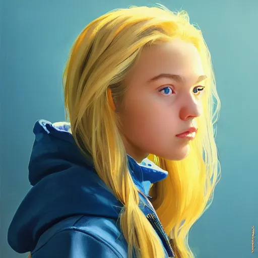 Prompt: greg manchess portrait sticker of a beautiful teen girl with blonde hair, wearing a blue hoodie, medium shot, asymmetrical, swedish, sticker, profile picture, organic painting, matte painting, bold shapes, hard edges, street art, trending on artstation, by huang guangjian and gil elvgren and sachin teng