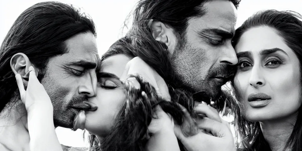 Prompt: closeup of kareena kapoor and arjun rampal kissing, natural lighting, hyper detailed, 1 0 0 mm, photographic, cinematic lighting, studio quality.