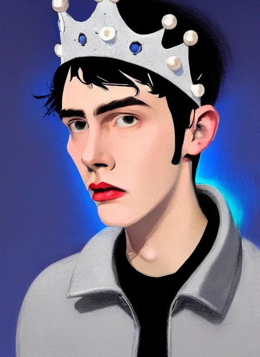 Image similar to portrait of teenage jughead jones wearing a light grey crown, crown, blue turtleneck, 1 9 5 0 s, closed eyes, photorealistic, black hair, glowing lighting, intricate, elegant, glowing lights, highly detailed, digital painting, artstation, concept art, smooth, sharp focus, illustration, art by wlop, mars ravelo and greg rutkowski