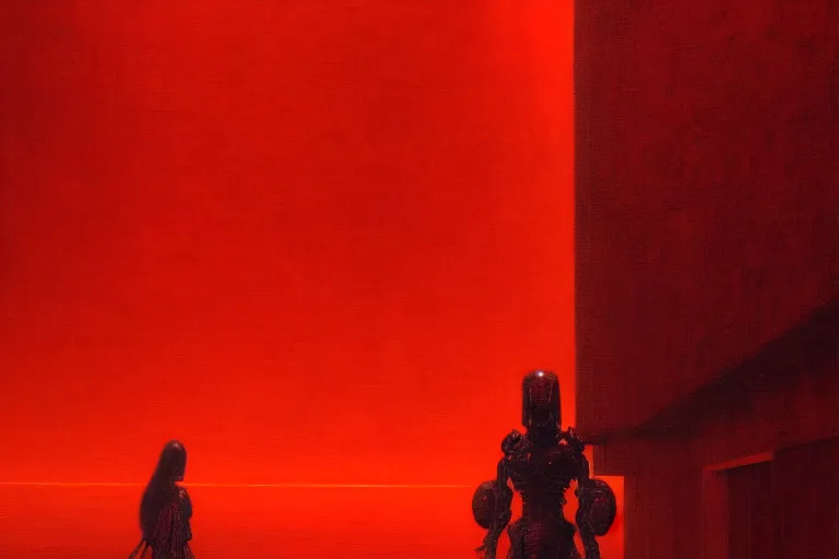 Image similar to only with red, a red samurai humanoid, tokio futuristic in background, some evil yokai, in the style of beksinski, parts by edward hopper, parts by rodcenko, parts by yue minjun, intricate and epic composition, red by caravaggio, insanely quality, highly detailed, masterpiece, red light, artstation, 4 k