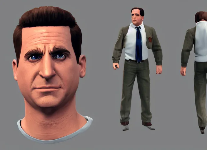 Image similar to 3 d model of michael scott character in fighting game, stylized 3 d graphics, hdr, ultra graphics, ray tracing, 4 k image