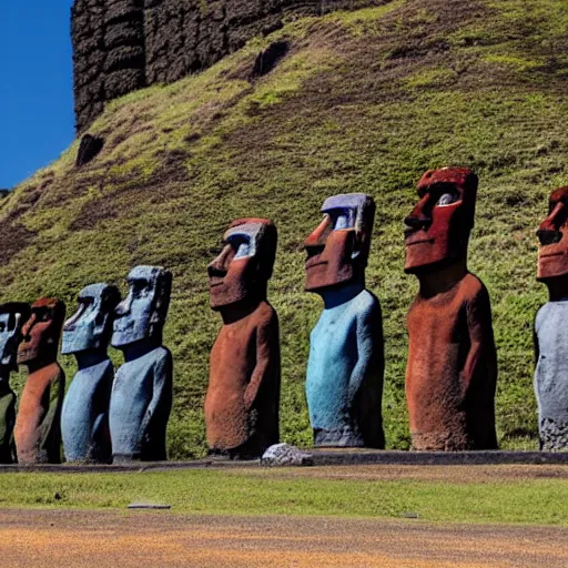 Prompt: 4 k colorful photograph of easter island statues overlooking a prison