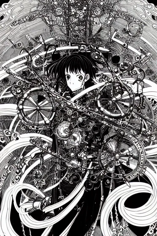 Prompt: illustration of an anime thief character with many metal objects spinning around them, intricate linework, in the style of moebius, ayami kojima, 1 9 9 0's anime, retro fantasy