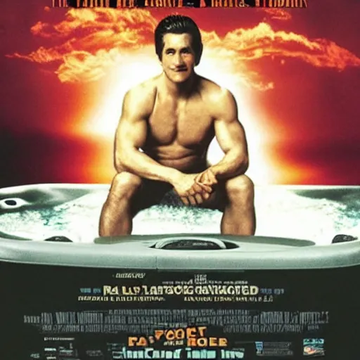 Image similar to a movie poster of Jake Gyllenhaal as patrick Swayze sitting in a hot tub in the movie Road House