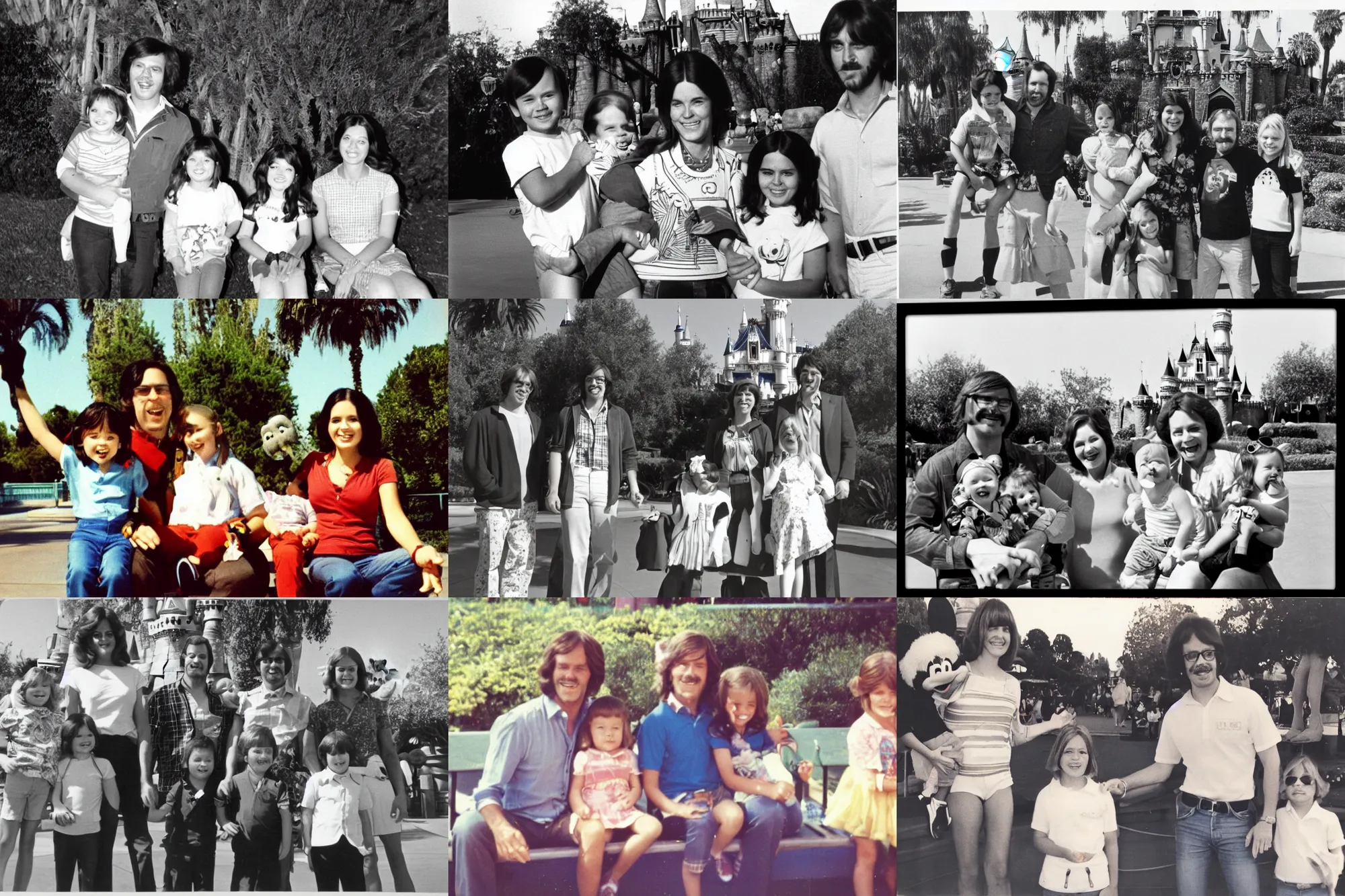 Prompt: a family photo from my holiday to Disneyland in 1973