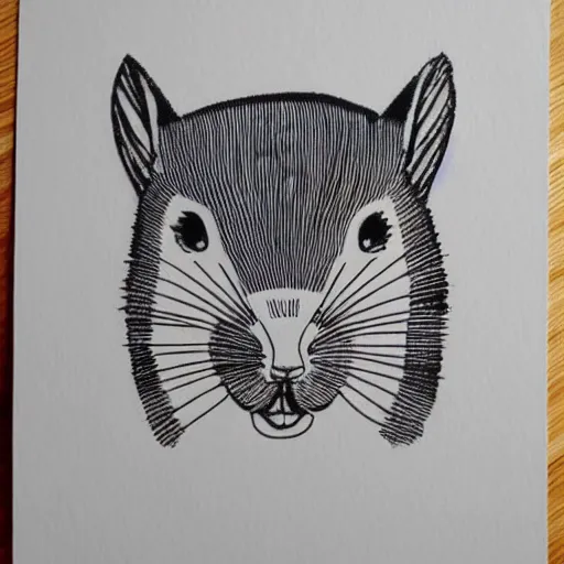 Image similar to squirrel face portrait, cute, block print, simple stylized, black ink on white paper