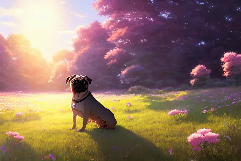 Image similar to a happy pug, single subject, peaceful flower meadow with some trees in the background, scenic full shot, ambient lighting, detailed face, by makoto shinkai, stanley artgerm lau, wlop, rossdraws