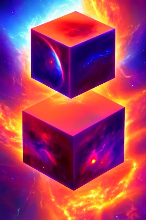 Prompt: eternal energy cube at the beginning of the universe. Big bang. Digital painting. Beeple. Noah Bradley. Cyril Roland.