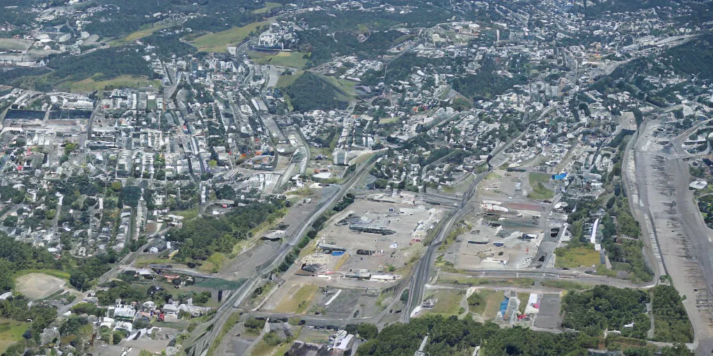 Prompt: bird's eye view photo of a low - rise city, with small woods and hills in the north with trailer park. in the south are buildings, a highway, inlet shipping dock area, and monorail station.