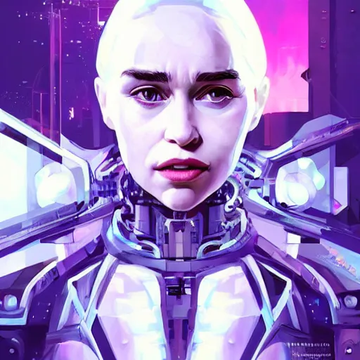 Prompt: a portrait of Emilia Clarke as a beautiful cybernetic techno queen, white woman, cyberpunk concept art by pete mohrbacher and wlop and artgerm josan gonzalez and syd mead, digital art, highly detailed, intricate, sci-fi, sharp focus, Trending on Artstation,