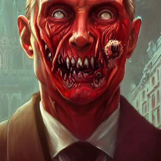 Image similar to zombie Putin in Red Square, fantasy, intricate, highly detailed, digital painting, artstation, concept art, smooth, sharp focus, illustration, art by artgerm and greg rutkowski and alphonse mucha