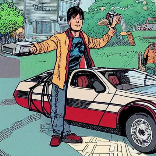 Prompt: marty mcfly is in front of a delorean time machine, style of Geof Darrow