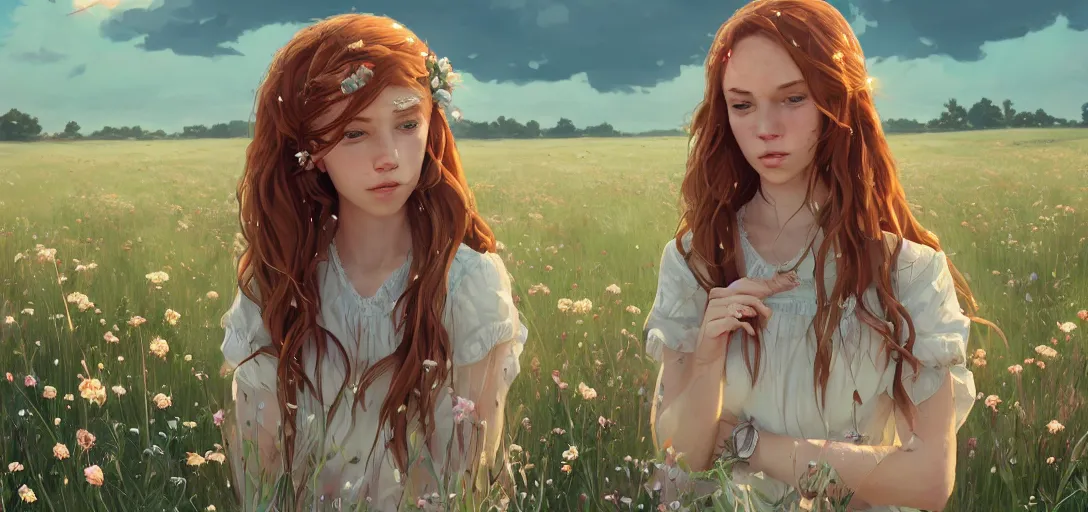 Image similar to a beautiful southern woman named Savannah, innocent, sad turquoise eyes, freckles, long ginger hair tied with white ribbon, relaxed in a field of flowers on a farm, gentle lighting, storm in the distance, somber, western clothing, dress, digital art by Makoto Shinkai ilya kuvshinov and Wojtek Fus, digital art, concept art,