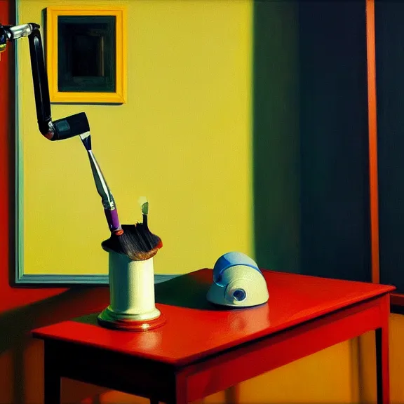 Prompt: a beautiful illustration of a robotic arm holding a paintbrush in front of a canvas by Edward Hopper, clean lines, very detailed, colorful octane render