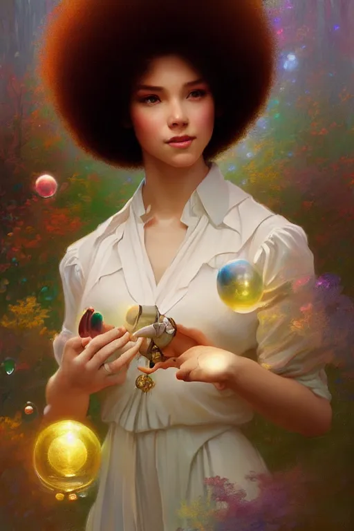 Image similar to bob ross android, dreamy and ethereal,, fantasy, intricate, elegant, rainbow bubbles, highly detailed, digital painting, artstation, concept art, smooth, sharp focus, illustration, art by artgerm and greg rutkowski and alphonse mucha