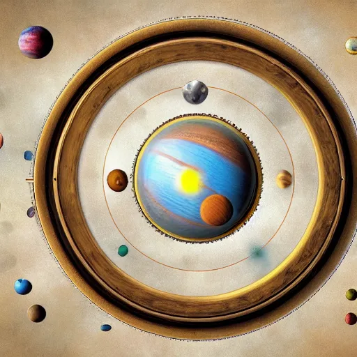 Image similar to realistic solar system, top view, intricate details