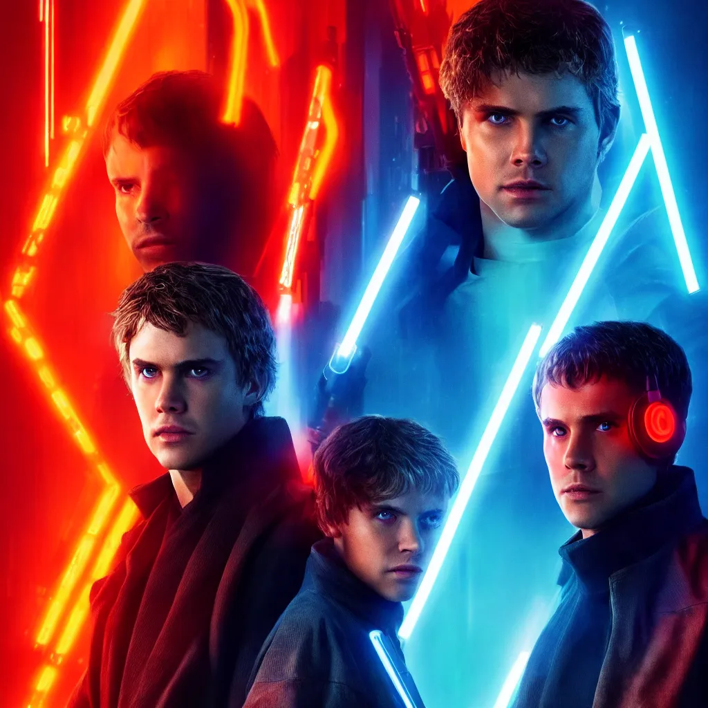 Prompt: Anakin Skywalker wearing cyberpunk gadgets in the style of Blade Runner 2049 (2017). Movie Poster. Cinematic. Professional Photo. 4k. UHD. 8k. Clear Face.