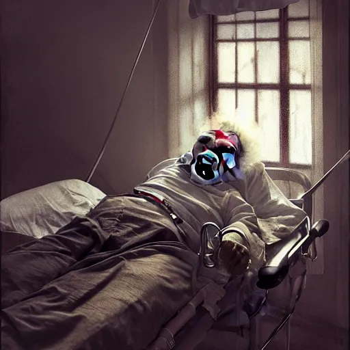 Image similar to hysterical and crazy elderly clown lying in hospital bed with wrist restraints on, restraints attached to hospital bed siderails, greg rutkowski, photograph, 8 k