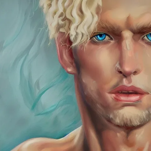 Prompt: oil painting of a beautiful platinum blond curly haired cleanshaven barbarian male with heterochromia one blue eye one green eye d & d fantasy concept art