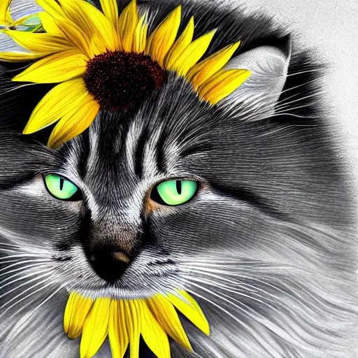 Image similar to Detailed furry silver Siberian cat kissing a black cat with sunflower background, digital art