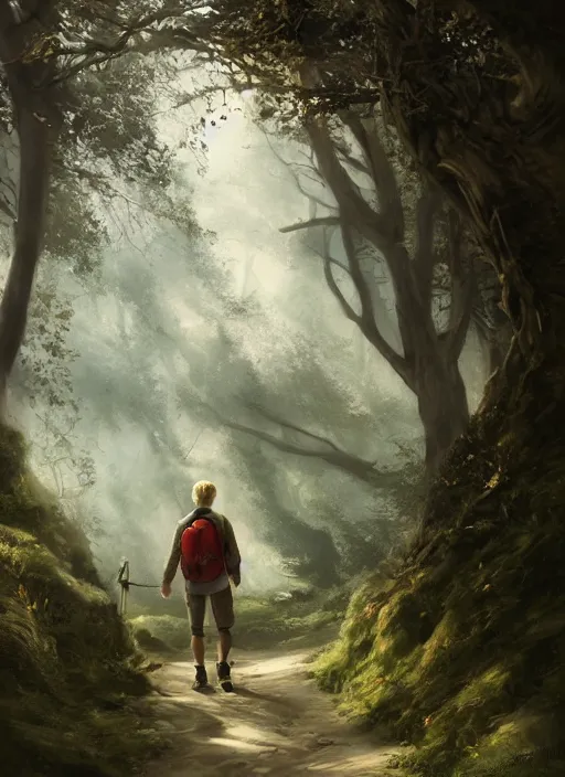 Image similar to happy blonde english man hiking a beautiful path, fluent composition, concept art, ambient light, 4 k, intricate details, highly professionally detailed, cgsociety, highly detailed -