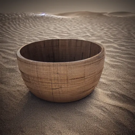 Prompt: a wooden toilet bowl, sitting in the sand in the middle of the desert. high quality digital art, trending on artstation, dramatic lighting, sigma 5 5 mm