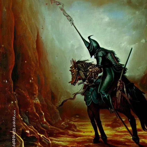 Image similar to arrogant knight reaches casually into the abyss, only to be met with unimaginable horrors from beyond, dark fantasy, oil painting, high detail