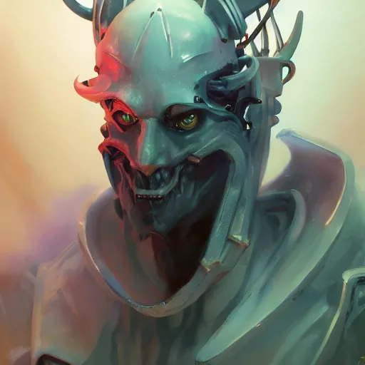 Image similar to portrait of a malevolent cybernetic demon, cyberpunk concept art by pete mohrbacher and artgerm and wlop and greg rutkowski and deathburger, digital art, highly detailed, intricate, sci-fi, sharp focus, Trending on Artstation HQ, deviantart, unreal engine 5, 4K UHD image