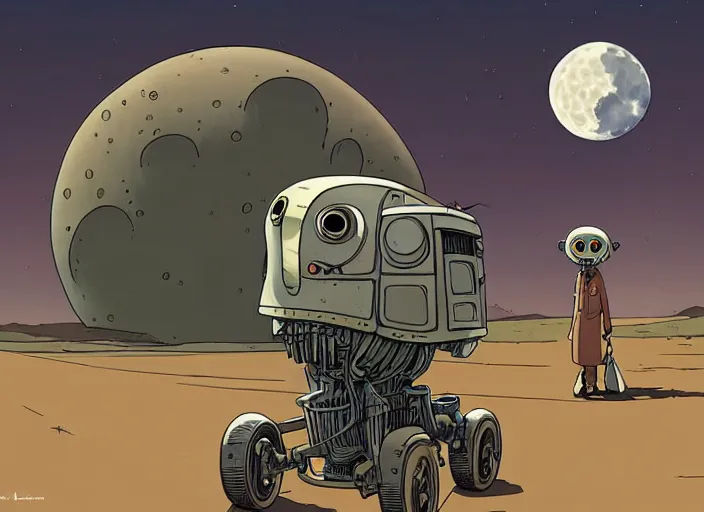 Image similar to a cell shaded cartoon of a lovecraftian mechanized sloth from howl's moving castle ( 2 0 0 4 ), on a desert road, in front of a pale full moon, full body, wide shot, very dull muted colors, studio ghibli, laurie greasley, highly detailed, deviantart, art by artgem