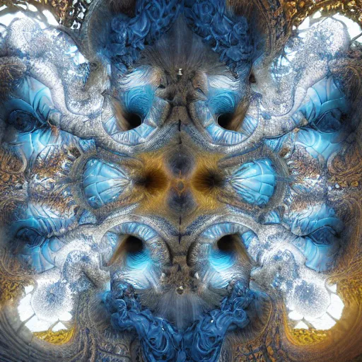 Image similar to a beautiful 3 d painting of a huge sprawling fractal cathedral interior populated by mandelbrot fractals by android jones, unreal engine, carved stone, carved soap, white color scheme, volumetric lighting, octane render, dramatic lighting, glowing, carved marble, opalescent, sacred geometry, religious, angelic, catholicpunk, stark, 8 k, ultra detailed