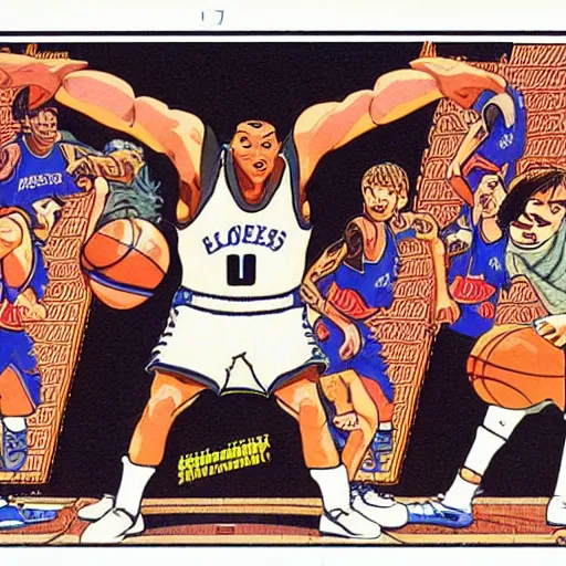 Image similar to A beautiful, highly detailed illustration of the intimidating 'last boss of pro basketball' in an NES instruction manual