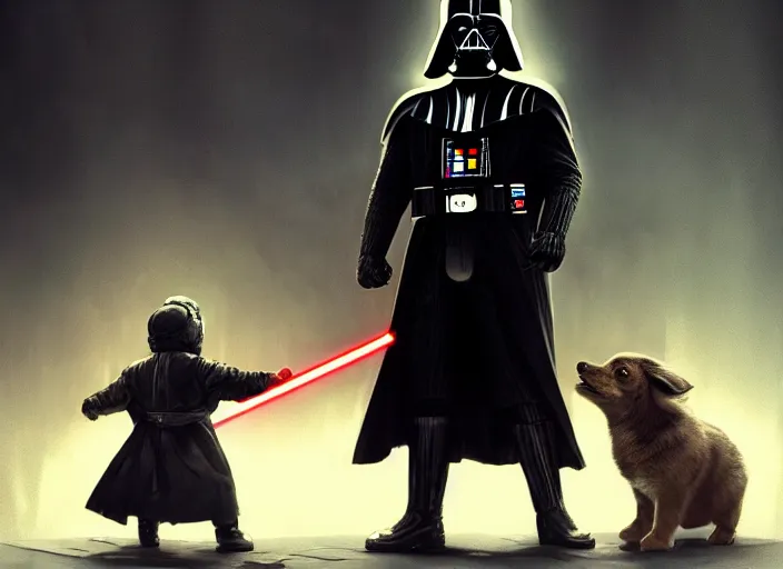 Prompt: a dramatic highly detailed render of darth vader with lightsaber drawn facing off against a cute baby corgi, futuristic star wars vibe, by WLOP and Artgerm and Greg Rutkowski and Alphonse Mucha, Beautiful dynamic dramatic dark moody lighting, shadows, cinematic atmosphere, Artstation, concept design art, Octane render, 8K, masterpiece, sharp focus, hyperrealistic