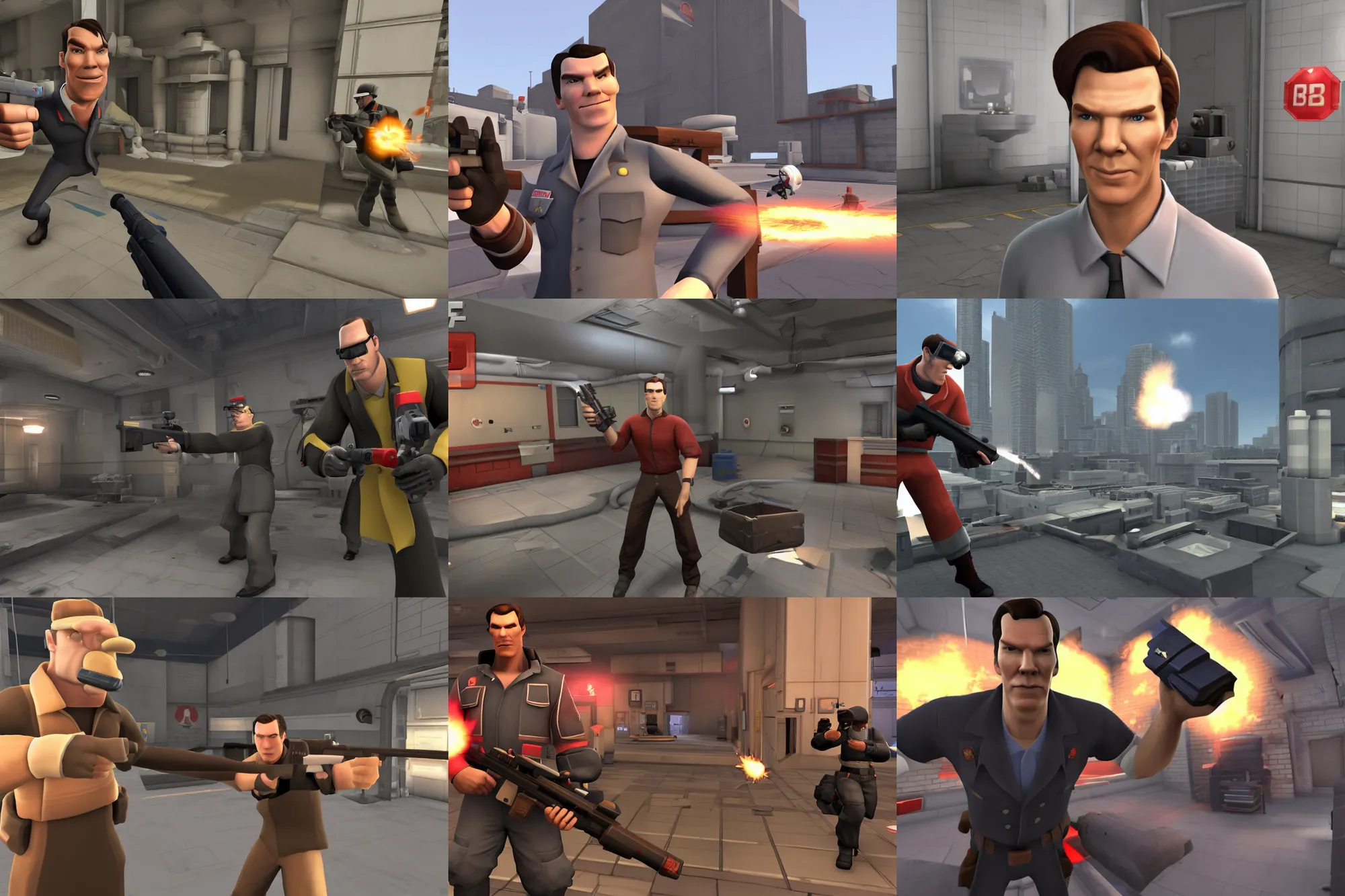 Prompt: a promotional gameplay screenshot of benedict cumberbatch in the video game team fortress 2. 3 d rendering. very detailed