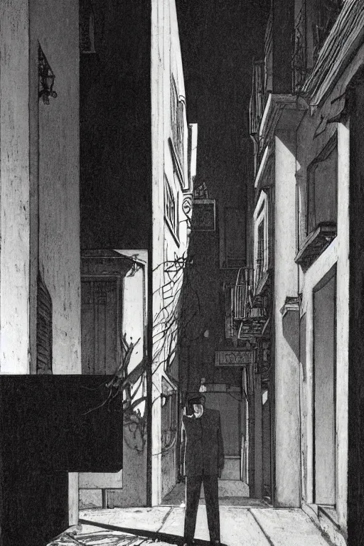 Image similar to eerie tel aviv street mystery at dusk, film noire scene. by moebius, giorgio de chirico, edward hopper