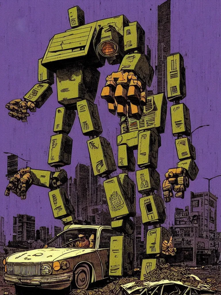 Prompt: an individual Giant wooden robot walking down the street, a crushed car is under the robot’s foot by Richard Corben, cinematic, cyberpunk, crime noir