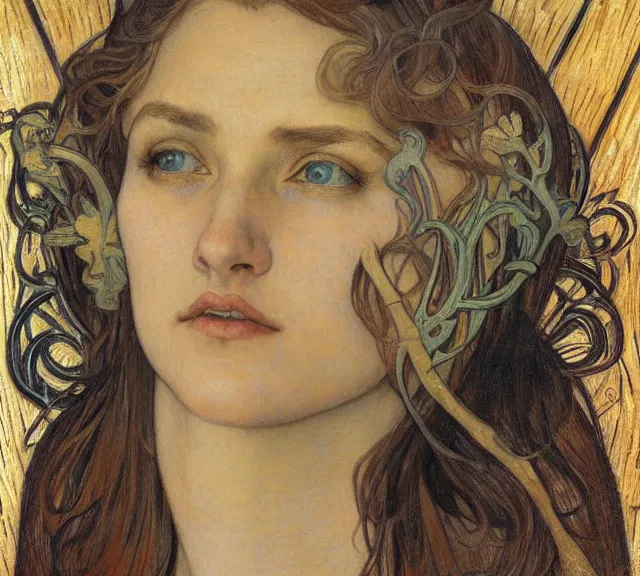Image similar to detailed realistic beautiful young medieval queen face portrait by jean delville, alphonse mucha, vincent van gogh, and marco mazzoni, art nouveau, symbolist, visionary, gothic, pre - raphaelite