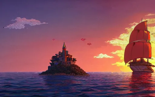 Image similar to an island with a giant castle on top of a giant turtle in the ocean, sunset, art by hayao miyazaki, studio ghibli film, hi res, 4k, high detail