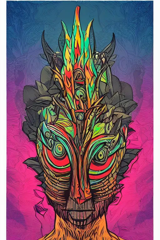 Image similar to animal mask totem roots flower tribal feather gemstone plant wood rock shaman vodoo video game vector cutout illustration vivid multicolor borderlands comics by josan gonzales and dan mumford radiating a glowing aura