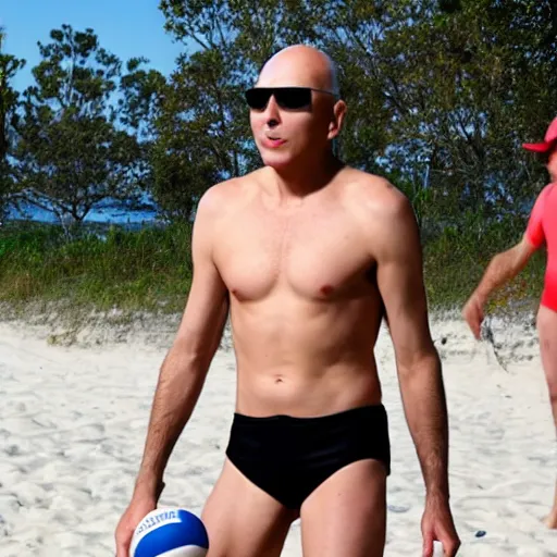 Prompt: count orlok in a swimsuit playing beach volleyball on a bright sunny day