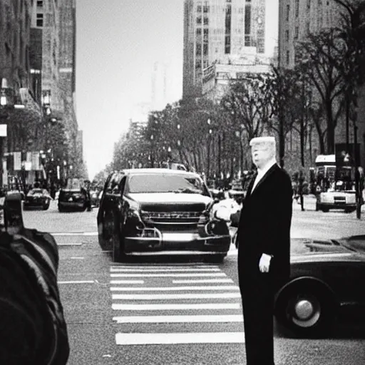 Image similar to “Very very impressive photo of Donald Trump standing in the middle of Fifth Avenue with a gun, atmospheric lighting, award-winning crisp details”