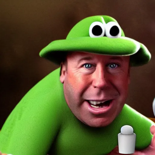 Image similar to Alex Jones becomes a frog during a bad salvia trip, Luigi's haunted mansion